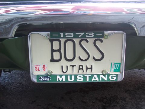 1972 Ford Ranchero - License plate frame reads Ford Mustang, with the plate itself showing 'BOSS' and '1973'.
