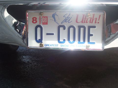 1972 Ford Ranchero - Close-up of a Utah license plate with the custom text Q-CODE.