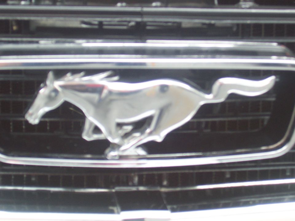 Chrome running horse emblem on a black grille, likely from a 1971 Ford Mustang