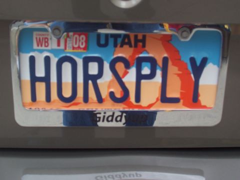 1972 Ford Ranchero - A Utah license plate with the personalized text HORSPLY is attached to a vehicle.