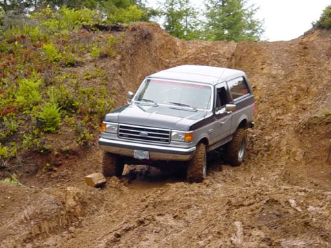 1989 Ford Bronco - A two-tone Ford Bronco navigates a steep, muddy incline with trees and brush on the sides.