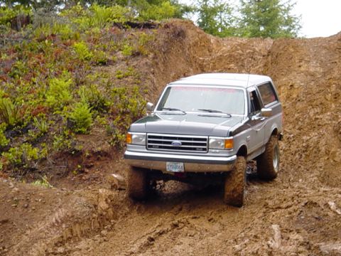 1989 Ford Bronco - This Ford Bronco navigates a steep, muddy incline surrounded by vegetation.