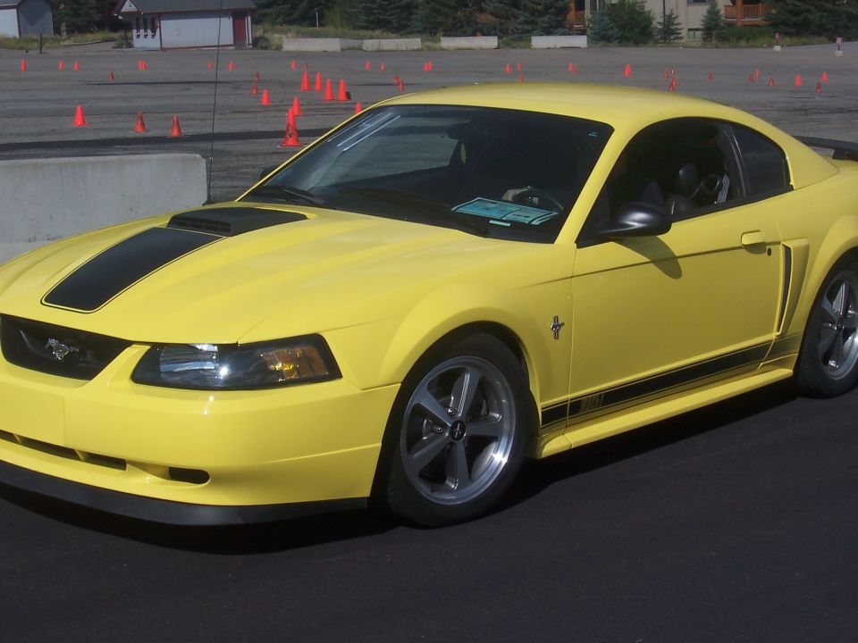 Yellow Ford Mustang with black stripes on hood and side. Parked on asphalt with orange cones in background
