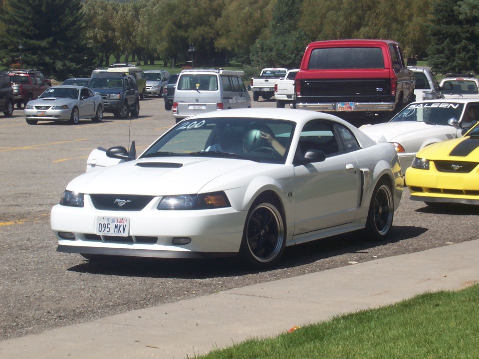 White Ford Mustang coupe with black wheels, front view. "200" on windshield