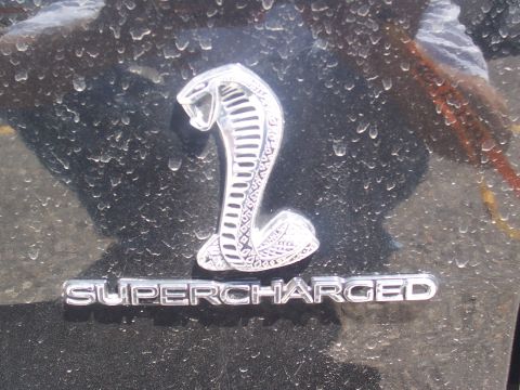 1972 Ford Ranchero - A chrome cobra emblem with "SUPERCHARGED" lettering is visible on the car's black exterior.