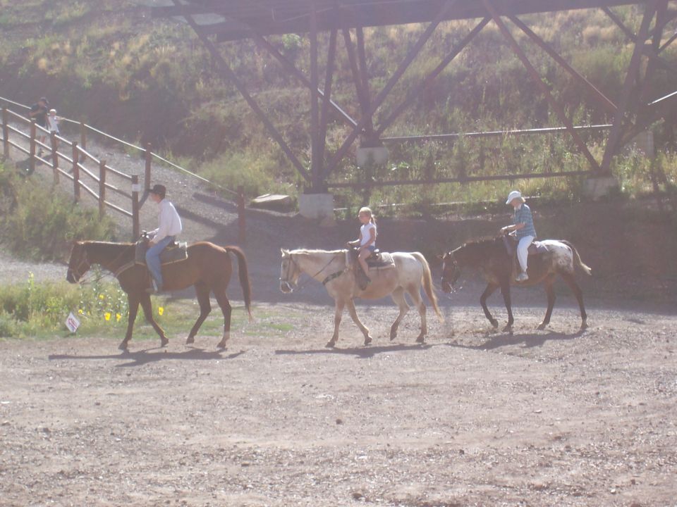 Three horses with riders walk on a dirt path under a large bridge structure