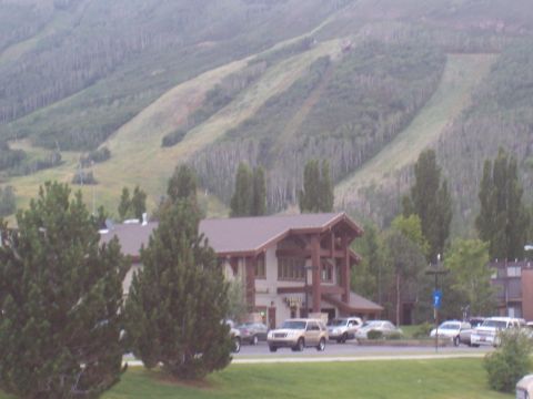1972 Ford Ranchero - A collection of vehicles are visible in front of a building, with a tree-covered mountain in the distance.