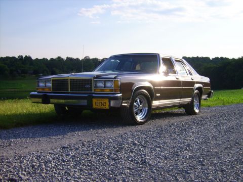 1982 Ford LTD Crown Victoria - Dark brown Ford full-size sedan photographed from a low 3/4 front angle on a gravel drive, with a pond and treeline behind it. It wears sta…