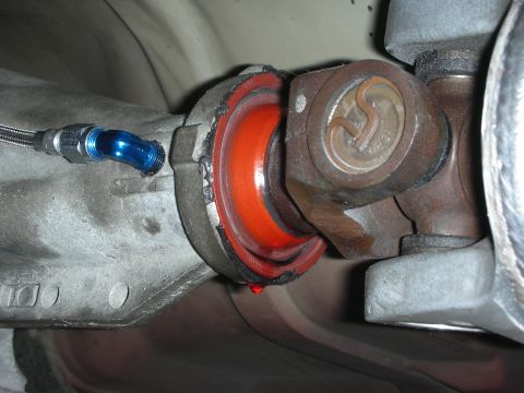 1992 Ford Crown Victoria - Driveshaft U-joint and transmission mount detail, showing a red rubber bushing and a braided line fitting.