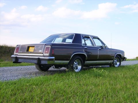 1982 Ford LTD Crown Victoria - Dark brown Ford full-size four-door sedan photographed from a low rear 3/4 angle on a gravel lane with tall grass in the foreground and blu…