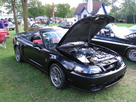 1989 Ford Mustang - A black convertible Mustang with its hood open is displayed on a grassy field next to other vehicles.