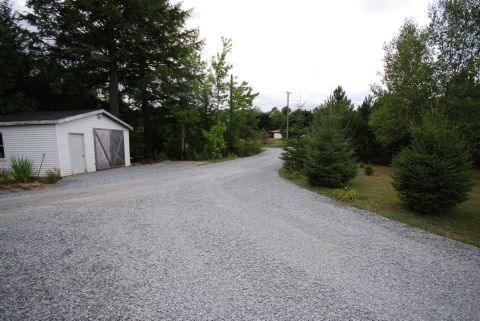 1996 Ford Bronco - A long gravel driveway winds past a white shed and evergreen trees under an overcast sky.