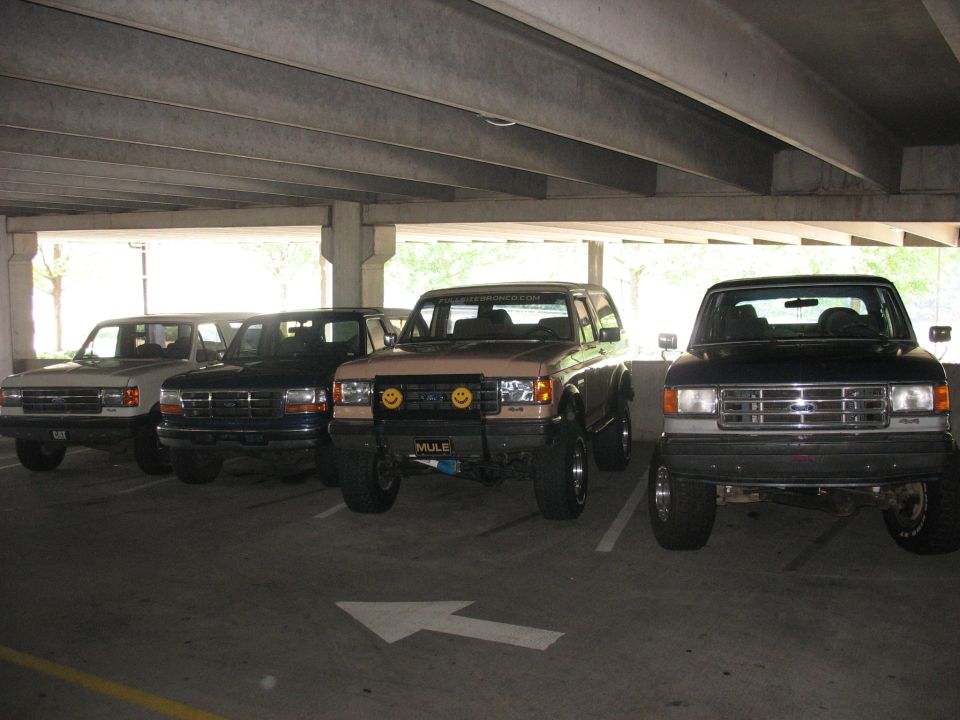 Four SUVs parked in a lot, front view. The closest is a black Ford F-Series truck, followed by a tan Ford Bronco, a dark blue Ford Bronco, and a white Ford Bronco