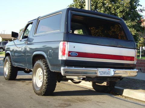 1980 Ford Bronco - This 1980 Ford Bronco features a distinctive silver and red stripe across its rear tailgate.