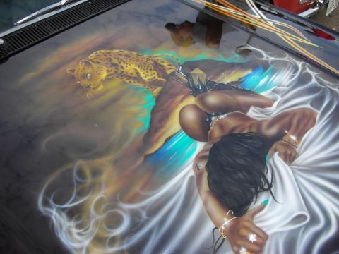 1998 Ford Crown Victoria - Custom airbrushed hood art a leopard and a woman.