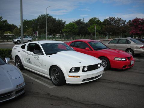 1998 Ford Crown Victoria - A white Ford Mustang with racing stripes and the number 05 is parked in a lot with other vehicles.