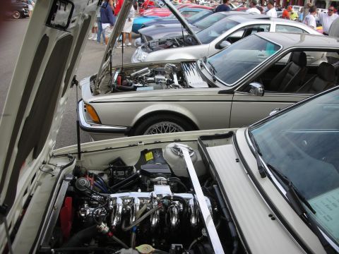 1998 Ford Crown Victoria - A car show features multiple vehicles with their engines exposed for viewing.