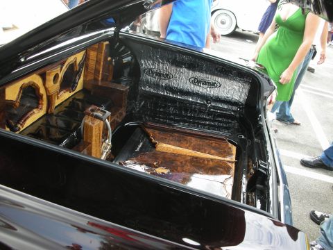 1998 Ford Crown Victoria - Custom trunk interior features wood paneling and Dynamat sound deadening material.