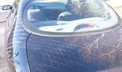 1999 Ford Taurus - Rear view of a 1999 Ford Taurus with extensive scratches on the trunk and rear window.