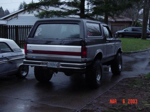 1989 Ford Bronco - This 1989 Ford Bronco is seen from the rear with a lifted suspension and aftermarket wheels.