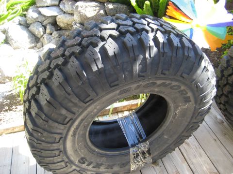 1989 Ford Bronco - Close-up of a Maxxis Bighorn tire, showing its aggressive tread pattern and sidewall markings.