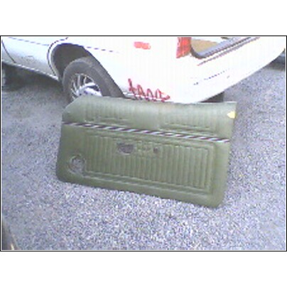1973 Ford Ranchero - A green door panel with textured inserts and a horizontal trim piece is displayed in front of a white vehicle.