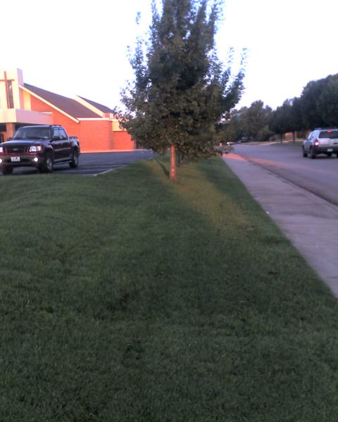 1965 Ford Mustang - A red pickup truck is parked in front of a brick building next to a grassy lawn and a sidewalk.