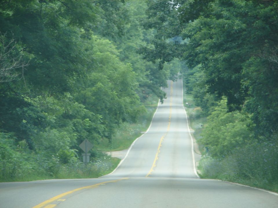 Winding country road disappearing over a hill, surrounded by dense green trees. A diamond-shaped road sign is visible on the left