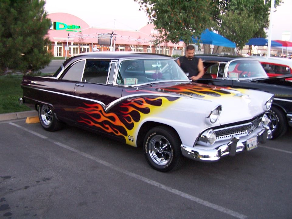 Purple and white coupe with flame graphics, 1955