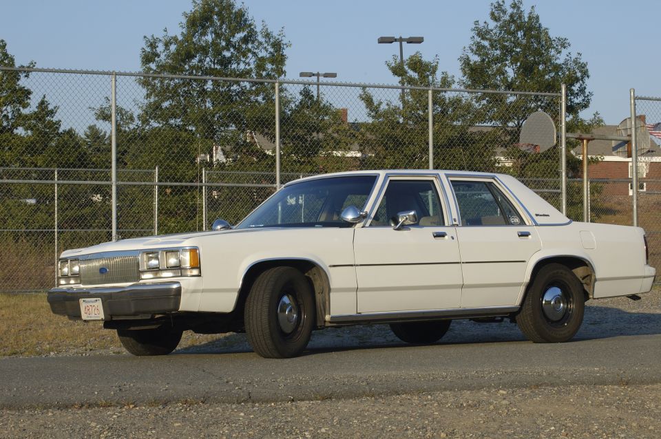 White sedan parked by a chain-link fence. License plate reads 49726