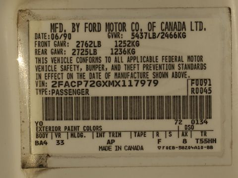 1991 Ford Crown Victoria LTD - This vehicle identification label indicates a manufacturing date of June 1990 and a VIN of 2FACP72GXM117979.