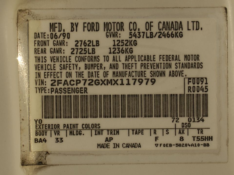 Ford of Canada certification label dated 06/90, VIN 2FACP72GXMX117979, GVWR 5437LB