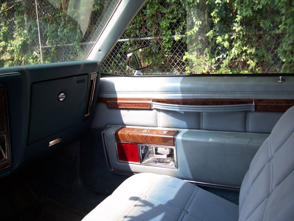Light blue car interior with wood trim on the door panel and a chrome door handle