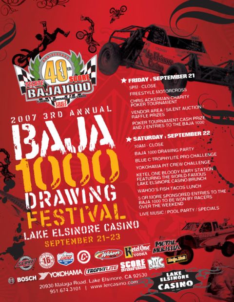 1968 Ford Mustang - Promotional event poster for the 2007 Baja 1000 Drawing Festival with schedule and sponsors.