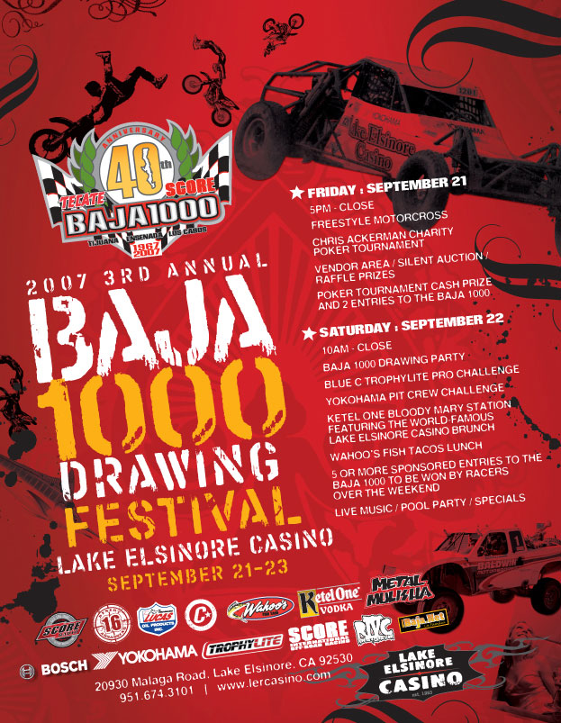 Event poster for the 2007 Baja 1000 Drawing Festival at Lake Elsinore Casino