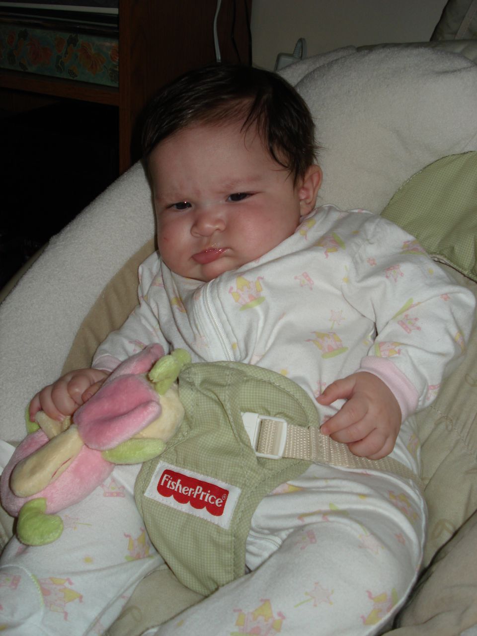 Baby wearing pajamas and a Fisher-Price bouncer seat, holding a stuffed toy