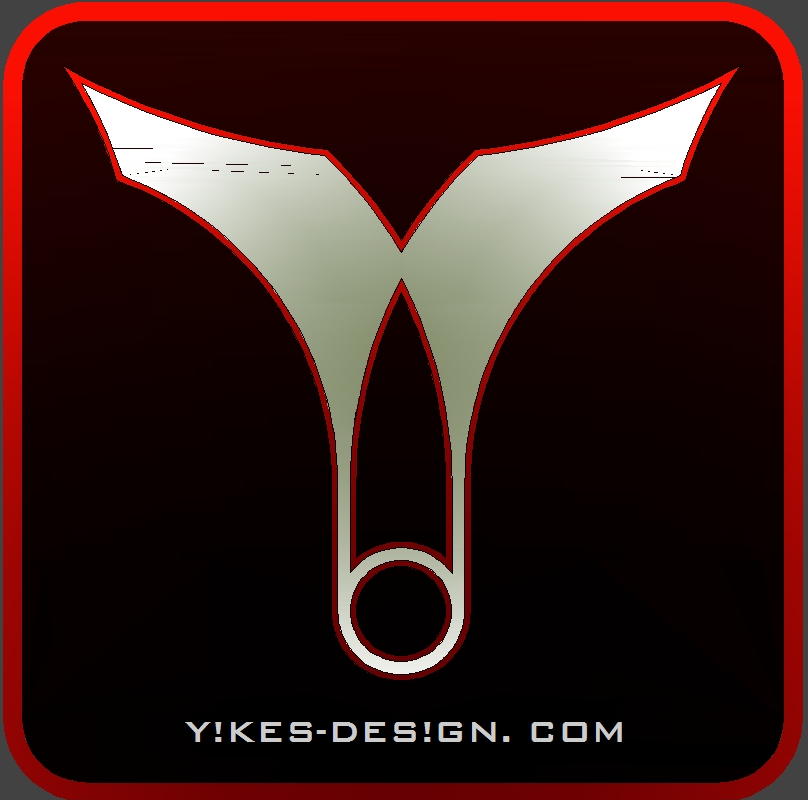 Logo with a stylized Y shape and a circle at the bottom, on a black background with a red border. Text reads Y!KES-DESIGN.COM