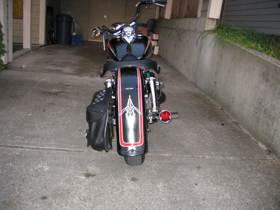 Rear view of a black cruiser motorcycle with pinstriped fender and saddlebag