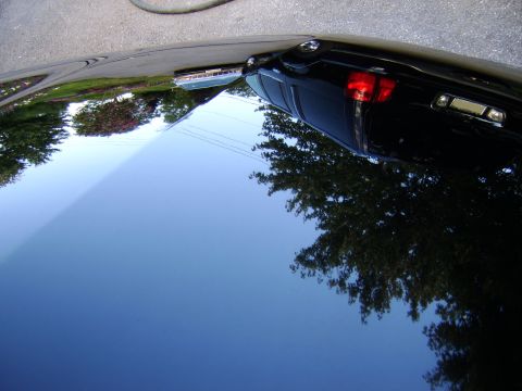 1996 Mercury Grand Marquis - Rear view of a black sedan, with reflections of trees and the sky visible on its polished hood.