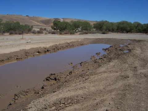 1991 Ford Bronco - A muddy puddle sits on a dirt track under a clear blue sky.