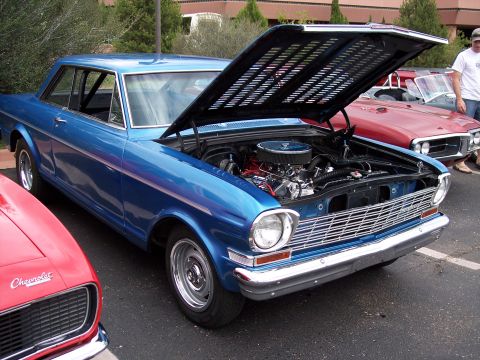 1972 Ford Ranchero - Blue 1966 Chevrolet Nova II coupe on display with its engine exposed.