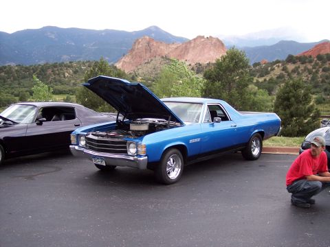 1972 Ford Ranchero - Blue 1970 El Camino with hood open, parked at Garden of the Gods with mountains in the background.