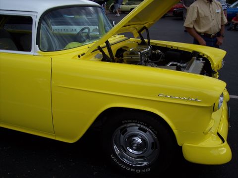 1972 Ford Ranchero - Yellow 1955 Chevrolet Bel Air two-door sedan with hood open, displaying its engine and chrome wheels.
