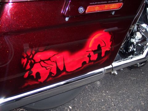 1972 Ford Ranchero - Custom airbrushed motorcycle saddlebag features a grim reaper and graveyard scene under a red moon.