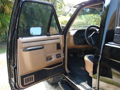 1987 Ford F-150 - The driver's side door is open, revealing the tan interior of a 1987 Ford F-150 pickup truck.