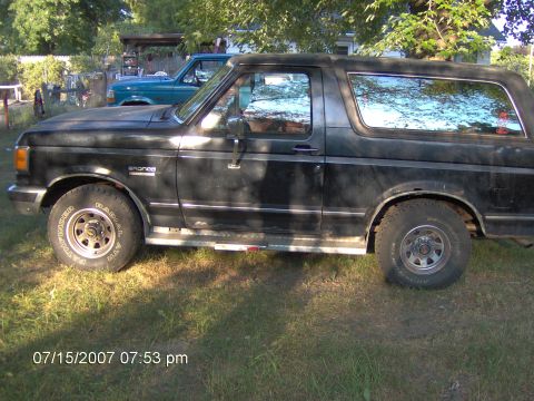 1987 Ford Bronco - A black 1987 Ford Bronco is parked on grass next to another vehicle.