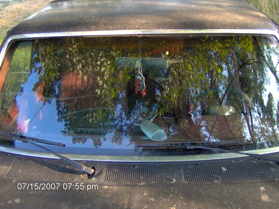 Windshield and cowl vent of black truck reflecting trees, wipers and dash visible