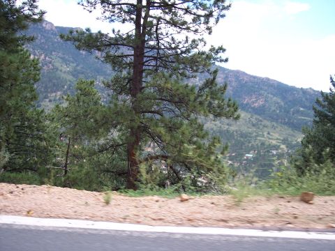 1972 Ford Ranchero - View of a mountain range with trees and a road, likely taken from a moving vehicle.