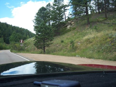1972 Ford Ranchero - View from a vehicle dashboard looking out at a scenic mountain road with trees and a hiking sign.
