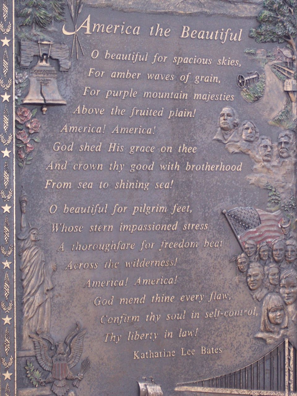 Bronze relief plaque with the full text of America the Beautiful
